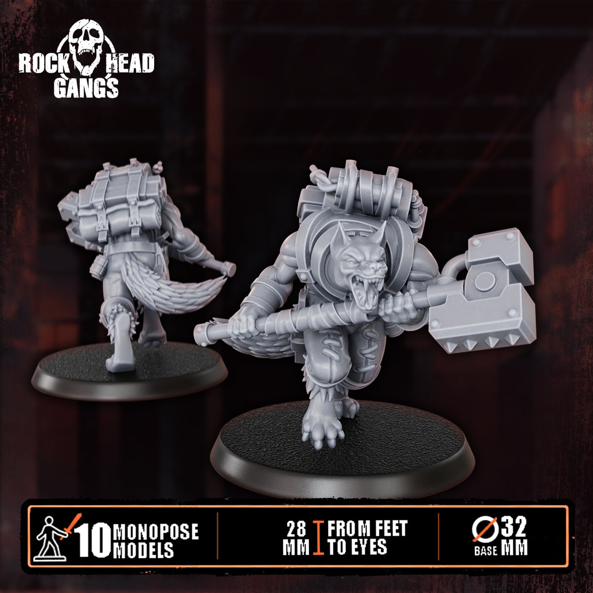 Rabid Godhound Cultists Model 6, two-handed war hammer and backpack, front and back, Dakka Dakka Store render