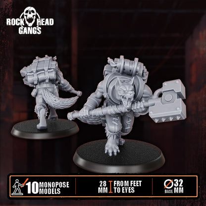 Rabid Godhound Cultists Model 6, two-handed war hammer and backpack, front and back, Dakka Dakka Store render