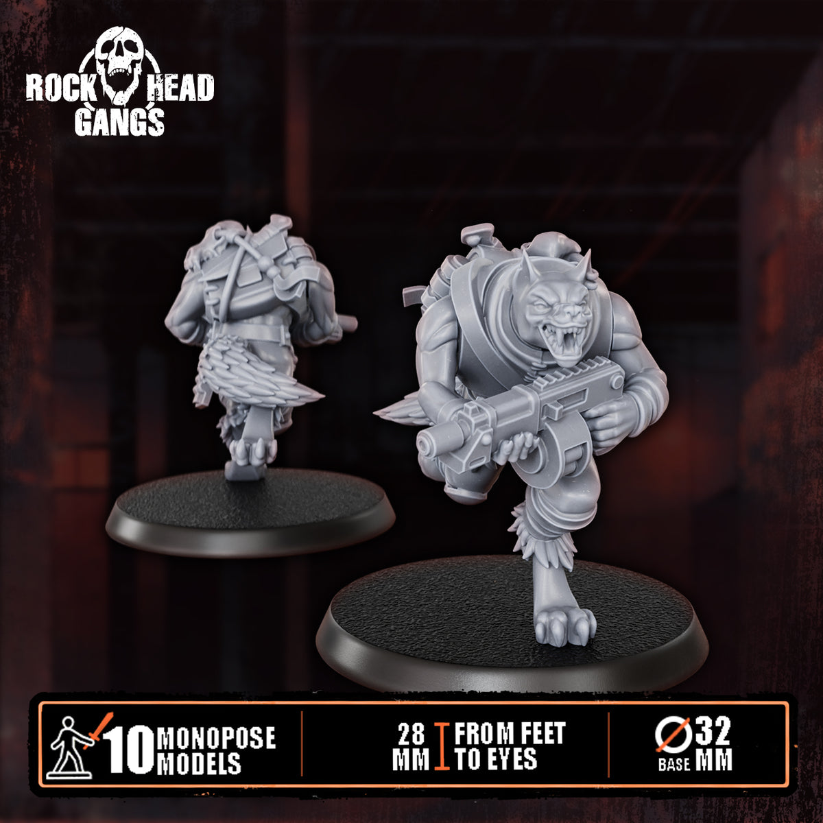Rabid Godhound Cultists Model 7, autogun held across the chest, crouched, front and back, Dakka Dakka Store render