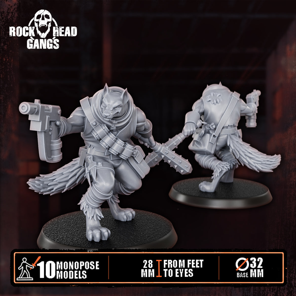 Rabid Godhound Cultists Model 8, autopistol and a serrated blade, front and back, Dakka Dakka Store render