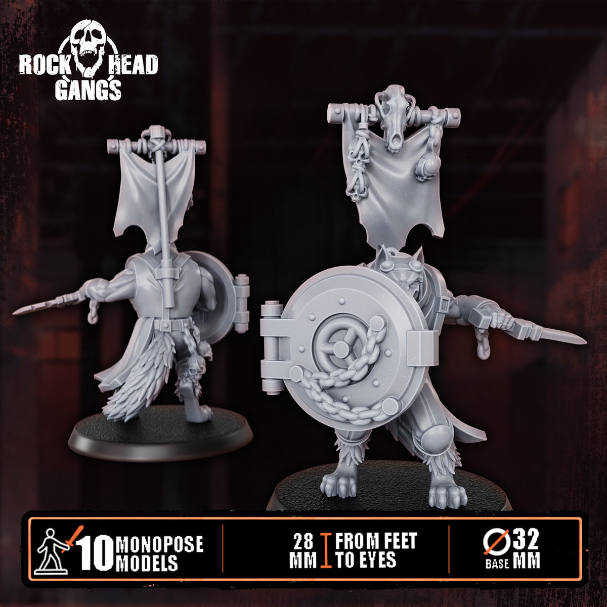 Rabid Godhound Cultists Model 9, gang banner and chained round shield with a knife, front and back, Dakka Dakka Store render