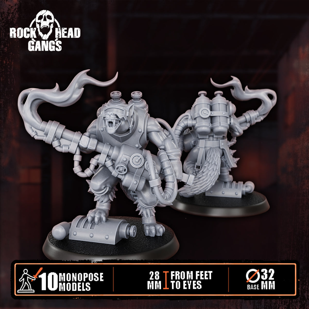 Rabid Godhound Cultists Model 10, backpack flamethrower, front and back, Dakka Dakka Store render