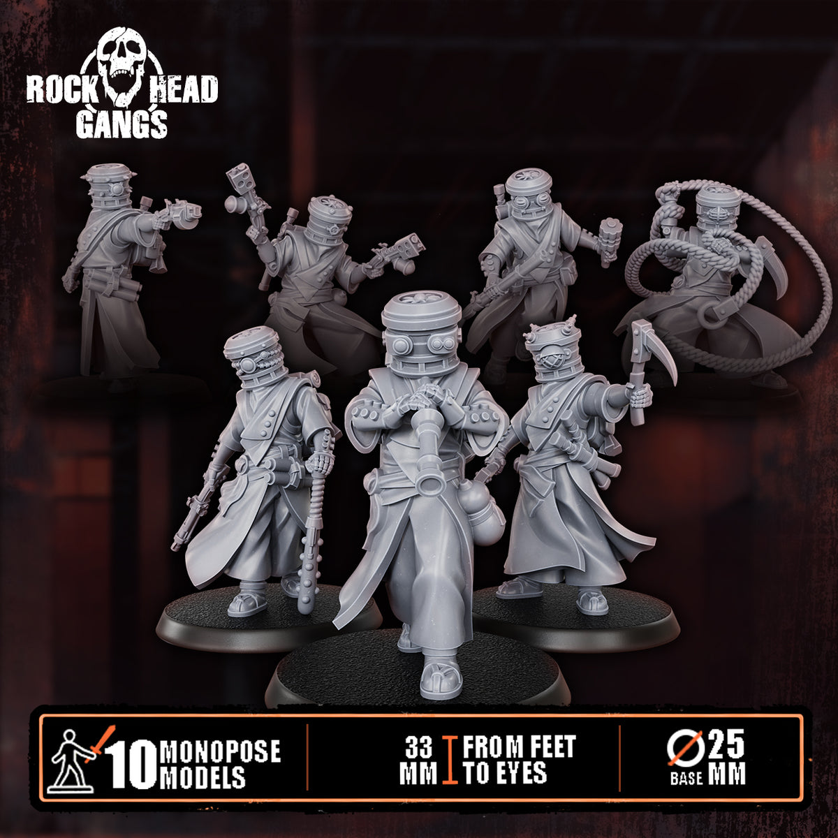 Voidmonks of Delak Squad, ten robed cultist monks in sealed dome helmets, sci-fi resin miniatures, Dakka Dakka Store render