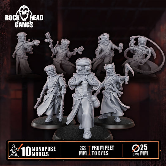 Voidmonks of Delak Squad, ten robed cultist monks in sealed dome helmets, sci-fi resin miniatures, Dakka Dakka Store render
