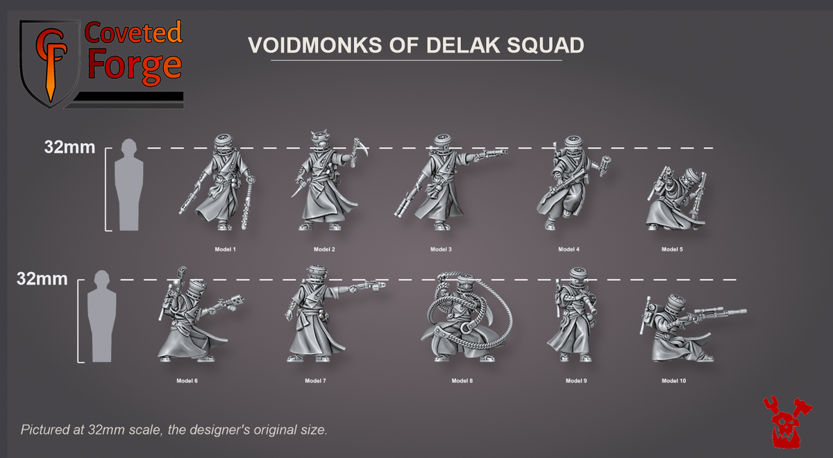 Coveted Forge scale reference: the ten Voidmonks of Delak, Model 1 to 10 in dropdown order, beside a 32mm human silhouette