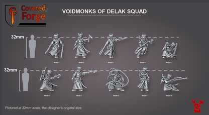 Coveted Forge scale reference: the ten Voidmonks of Delak, Model 1 to 10 in dropdown order, beside a 32mm human silhouette