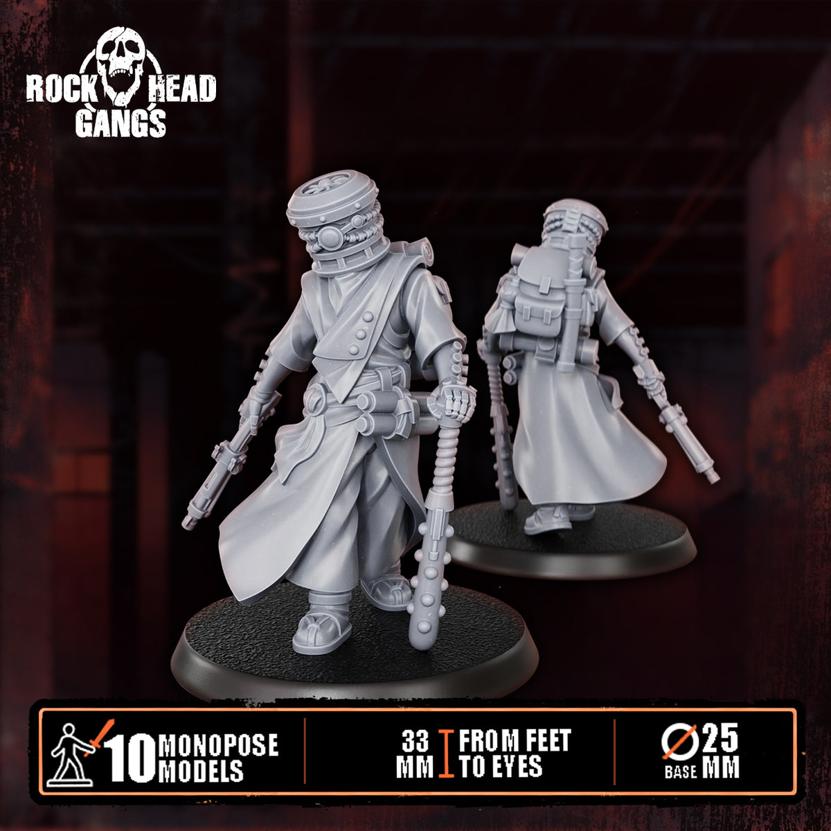 Voidmonks of Delak Model 1, rifle and shock stick, front and back, Dakka Dakka Store render