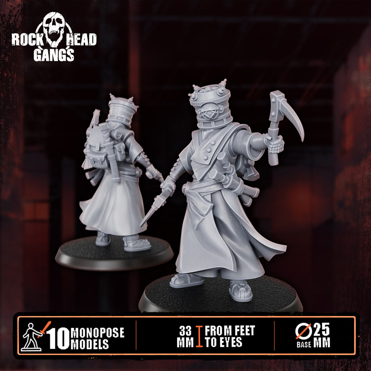 Voidmonks of Delak Model 2, kama sickle raised and a pistol, horned helmet, front and back, Dakka Dakka Store render