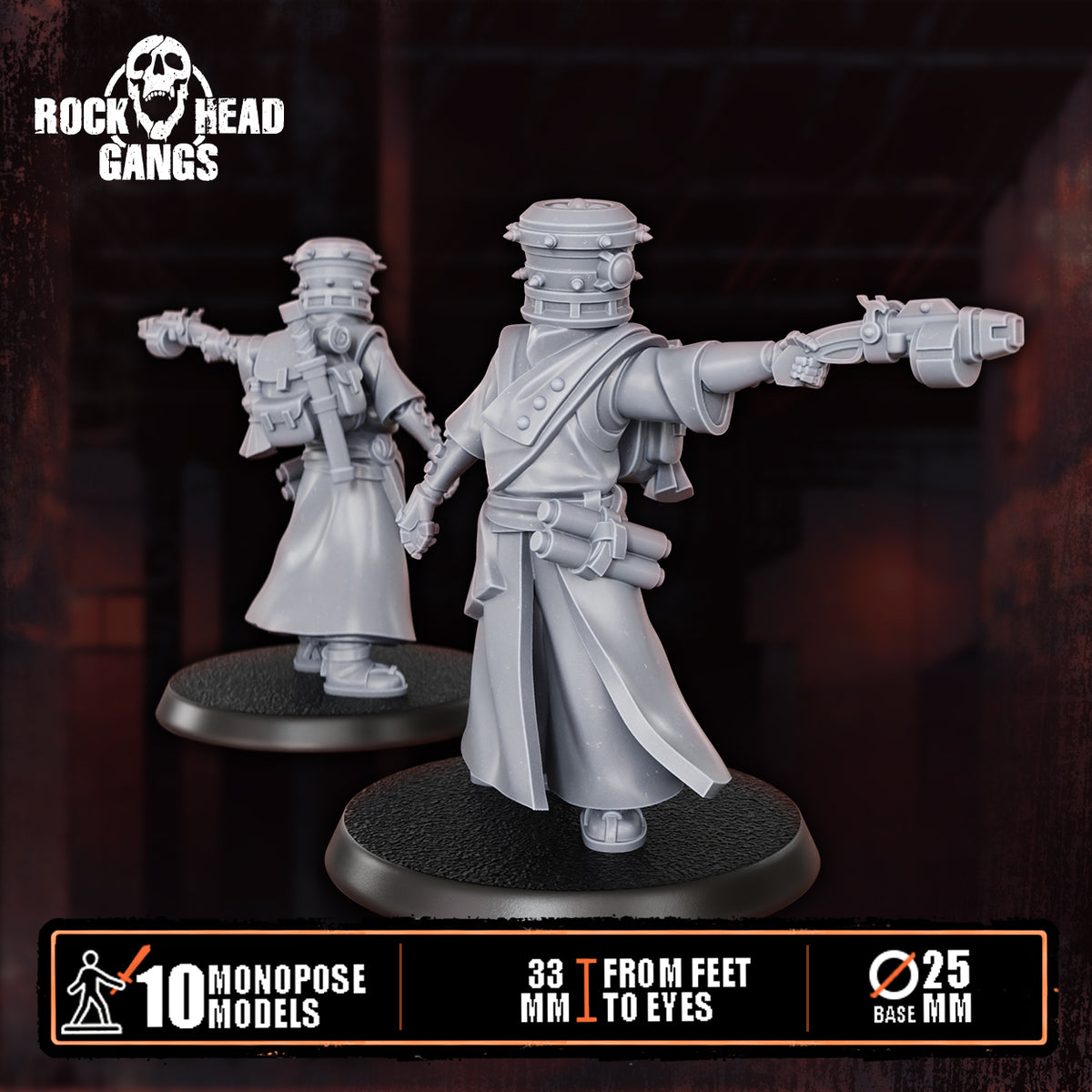 Voidmonks of Delak Model 3, pistol held out to the side, front and back, Dakka Dakka Store render