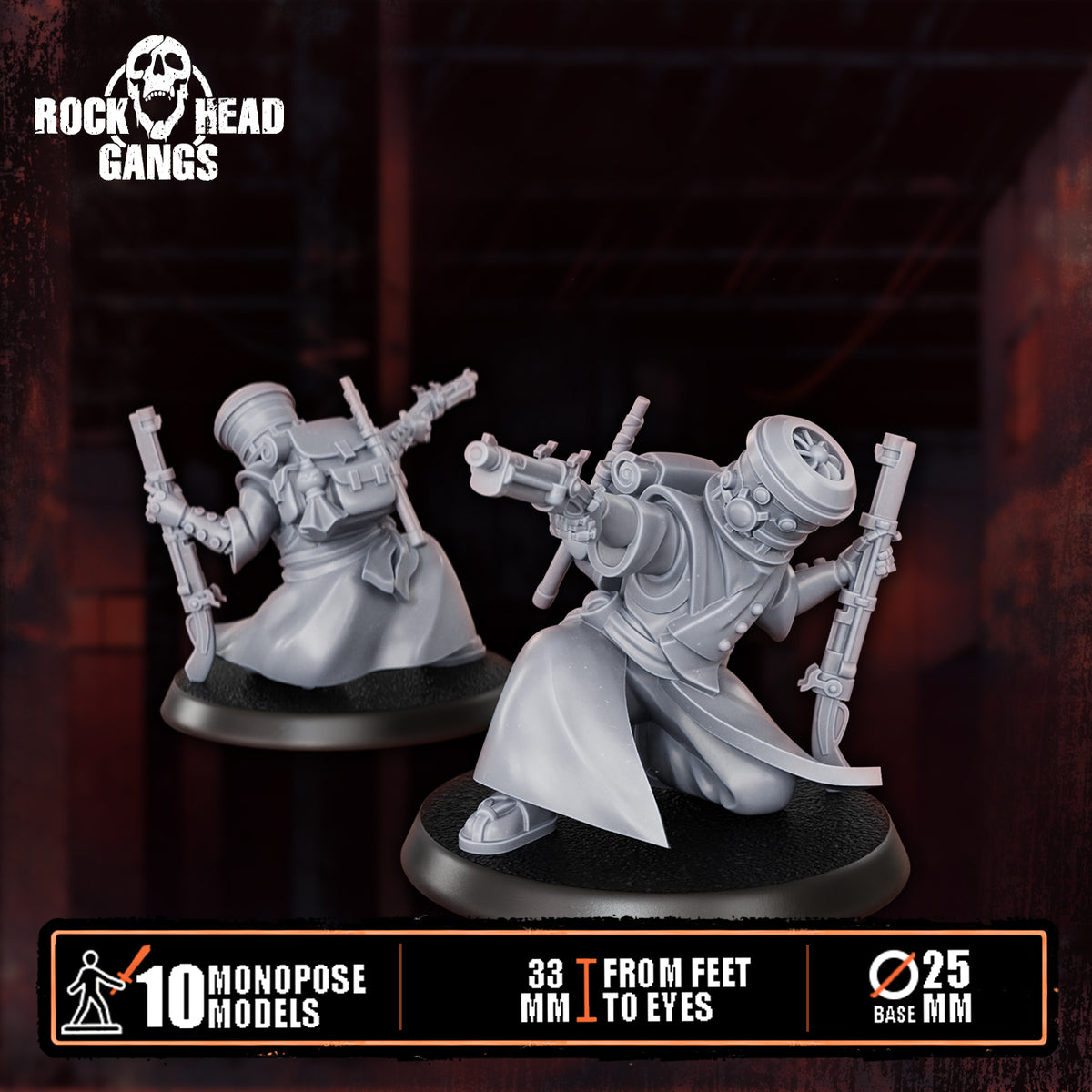 Voidmonks of Delak Model 5, shotgun and a shock stick, crouched, front and back, Dakka Dakka Store render