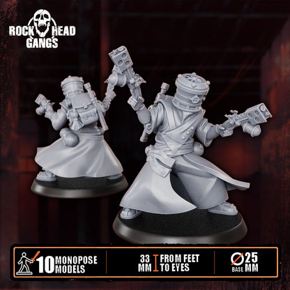 Voidmonks of Delak Model 6, shotgun raised and a gravity gun, front and back, Dakka Dakka Store render