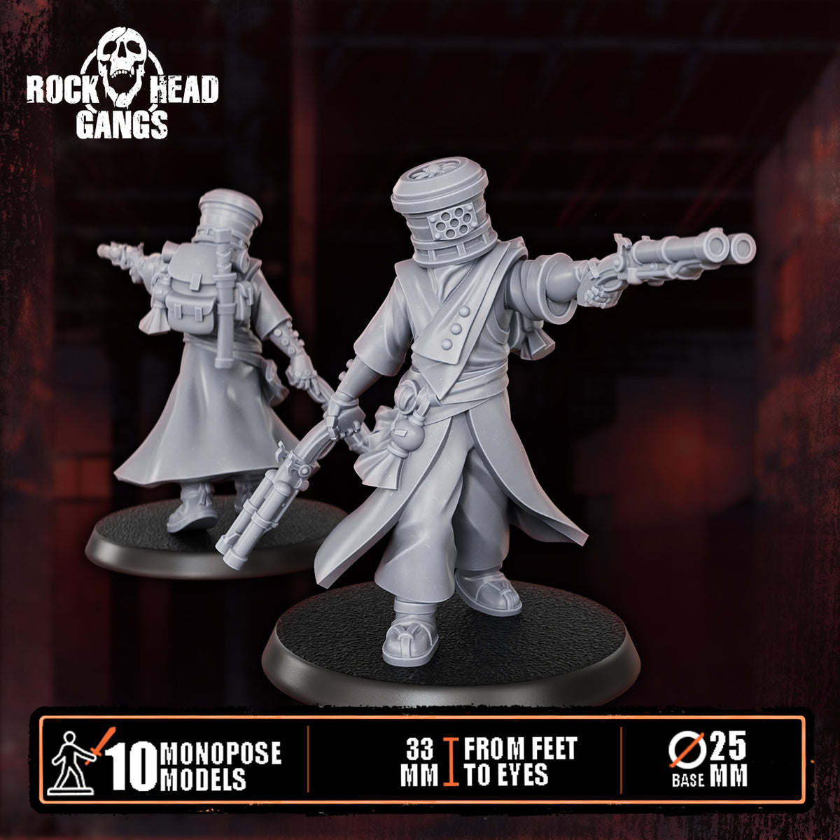 Voidmonks of Delak Model 7, pistol pointed forward and a rifle, front and back, Dakka Dakka Store render