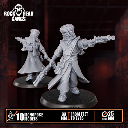 Voidmonks of Delak Model 7, pistol pointed forward and a rifle, front and back, Dakka Dakka Store render