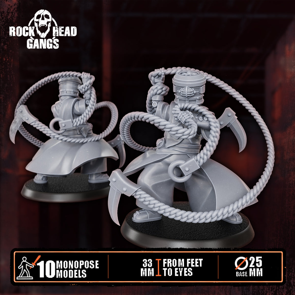 Voidmonks of Delak Model 8, the rope-flail fighter, front and back, Dakka Dakka Store render
