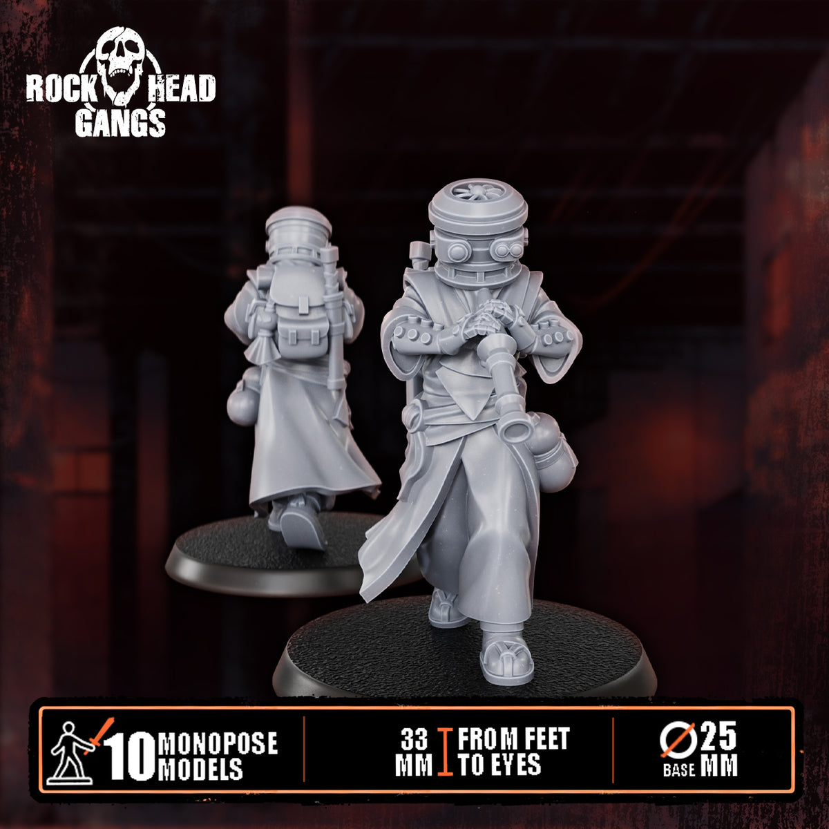 Voidmonks of Delak Model 9, the horn-blowing musician, front and back, Dakka Dakka Store render