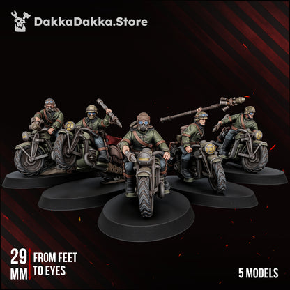 The Doomsday Assault Riders, five grimdark motorcycle riders with lances, sci-fi resin miniatures, Dakka Dakka Store render