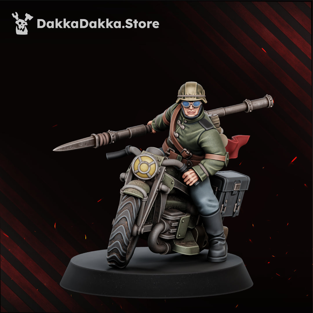 The Doomsday Assault Riders Model 1, helmet and goggles, bedroll and saddlebag box, lance held level, Dakka Dakka Store render
