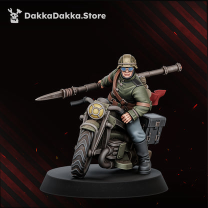The Doomsday Assault Riders Model 1, helmet and goggles, bedroll and saddlebag box, lance held level, Dakka Dakka Store render