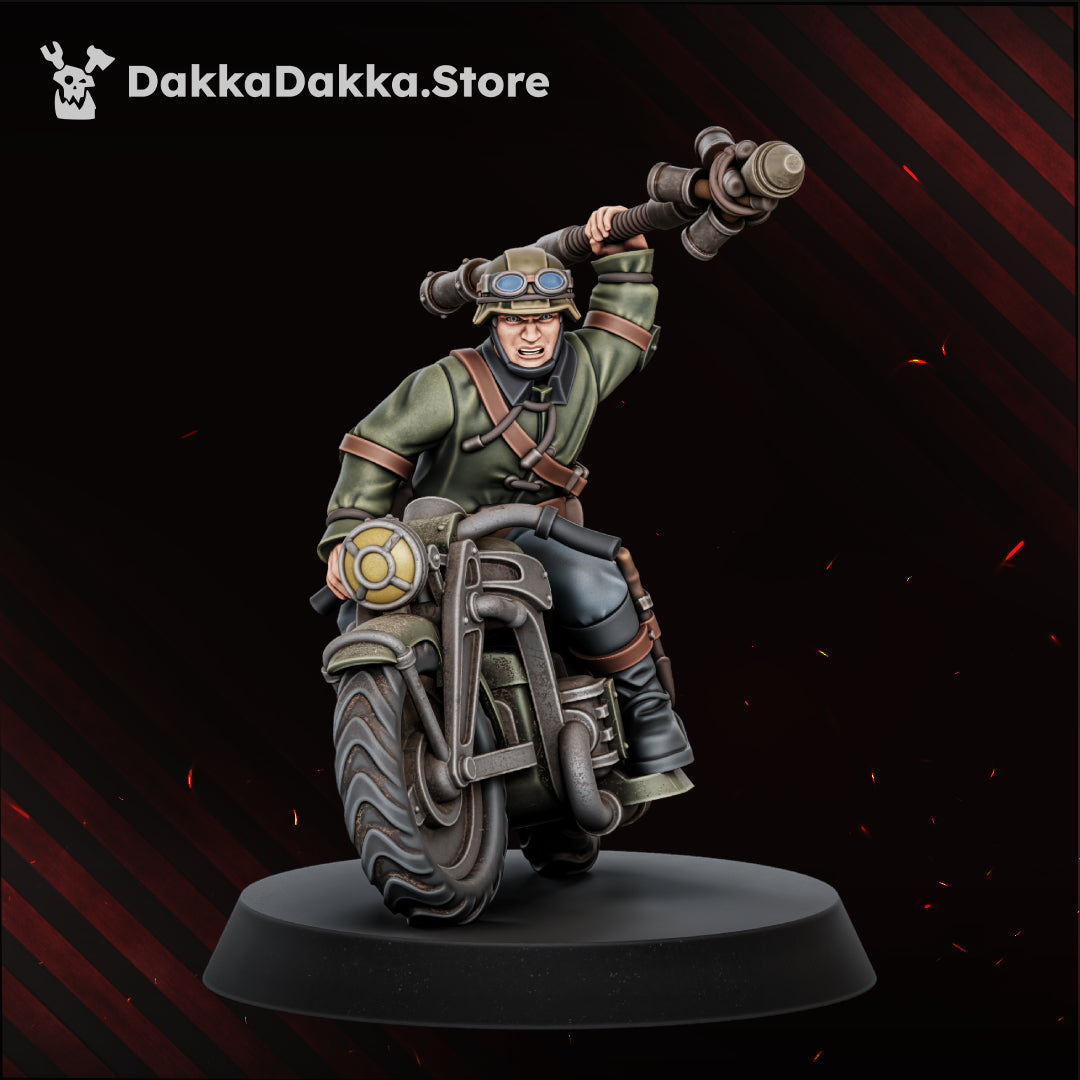 The Doomsday Assault Riders Model 2, front wheel lifted, the stick-bomb lance swung overhead in both hands, Dakka Dakka Store render