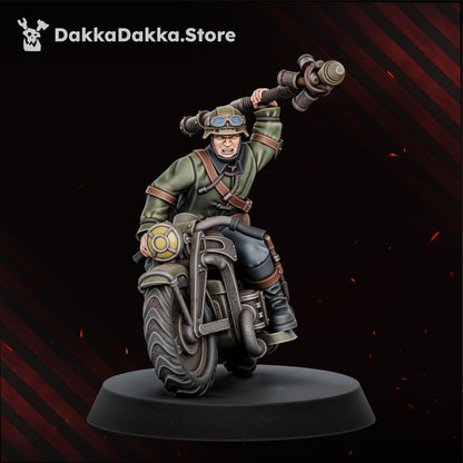 The Doomsday Assault Riders Model 2, front wheel lifted, the stick-bomb lance swung overhead in both hands, Dakka Dakka Store render