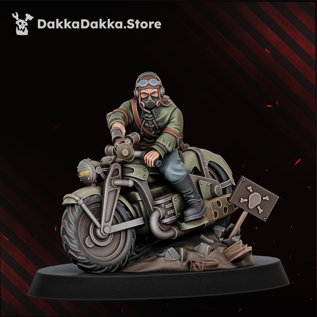 The Doomsday Assault Riders Model 3, rebreather mask and goggles, hunched over the tank, riding up the rubble mound with the hazard sign, Dakka Dakka Store render
