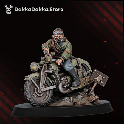 The Doomsday Assault Riders Model 3, rebreather mask and goggles, hunched over the tank, riding up the rubble mound with the hazard sign, Dakka Dakka Store render