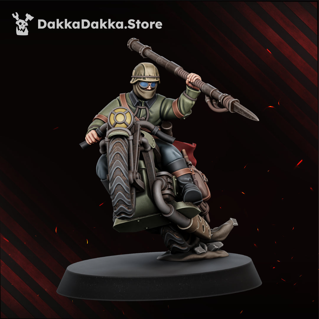 The Doomsday Assault Riders Model 4, helmet and goggles, front wheel up on a rock, lance raised in one hand, Dakka Dakka Store render