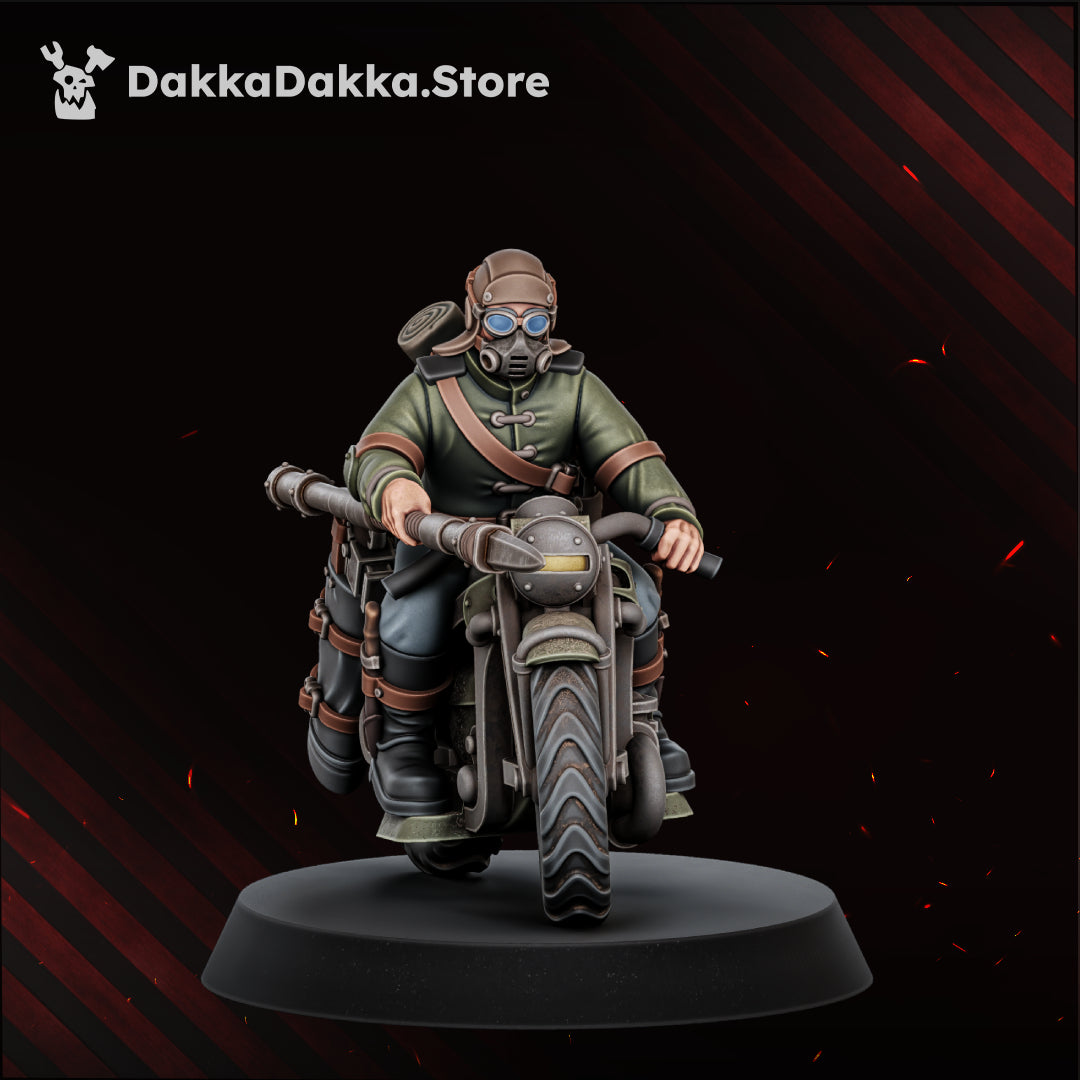 The Doomsday Assault Riders Model 5, hooded rebreather mask, bedroll, lance couched under the arm, Dakka Dakka Store render