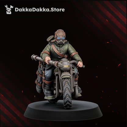 The Doomsday Assault Riders Model 5, hooded rebreather mask, bedroll, lance couched under the arm, Dakka Dakka Store render
