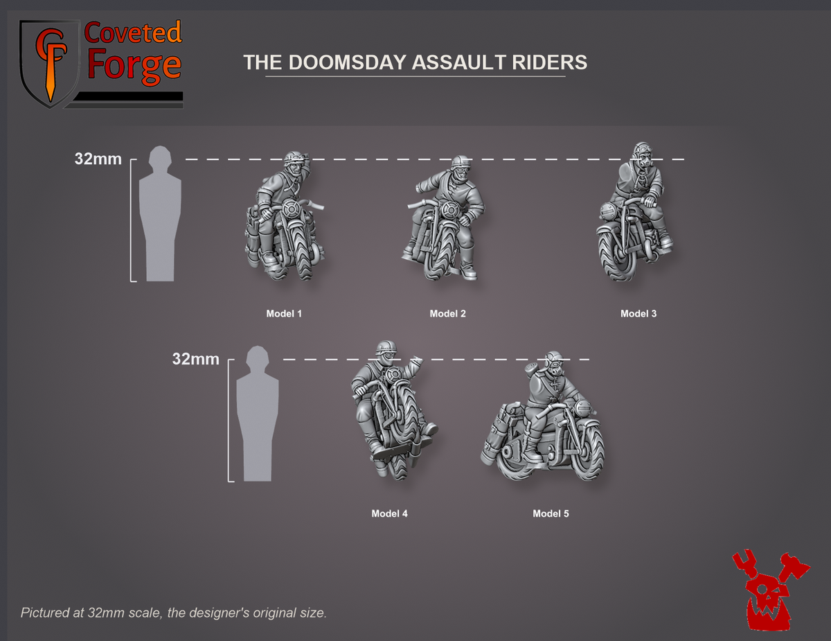 Coveted Forge scale reference: the five Doomsday Assault Riders, Model 1 to 5 in dropdown order, beside a 32mm human silhouette