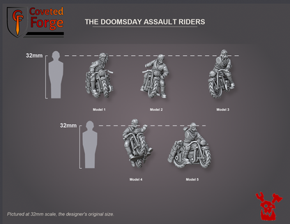 Coveted Forge scale reference: the five Doomsday Assault Riders, Model 1 to 5 in dropdown order, beside a 32mm human silhouette