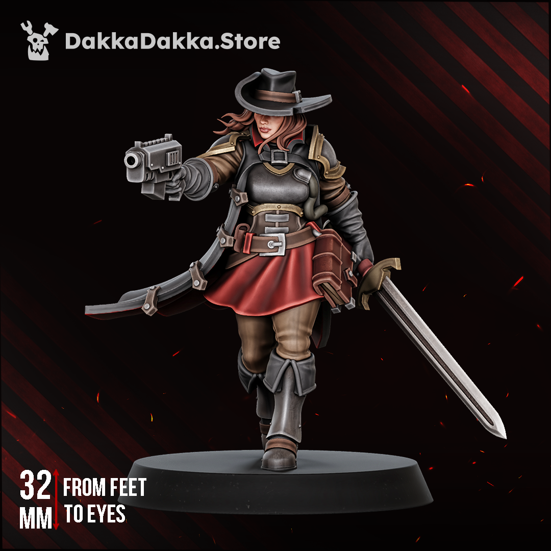 Agentess Kathryn de Cisneros, female inquisitorial agent in a wide-brimmed hat with bolt pistol and sword, sci-fi resin miniature, Dakka Dakka Store render