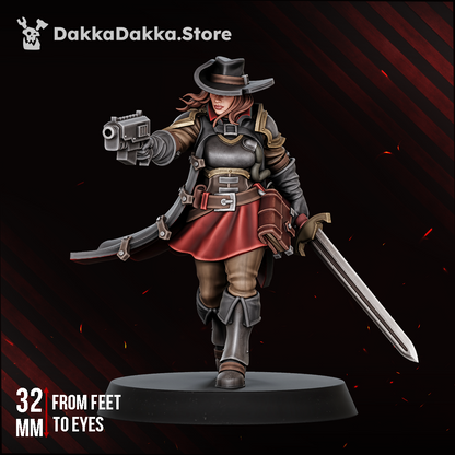 Agentess Kathryn de Cisneros, female inquisitorial agent in a wide-brimmed hat with bolt pistol and sword, sci-fi resin miniature, Dakka Dakka Store render
