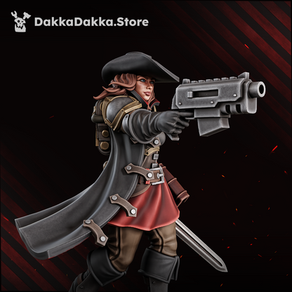 Agentess Kathryn de Cisneros close-up, bolt pistol levelled, Dakka Dakka Store render