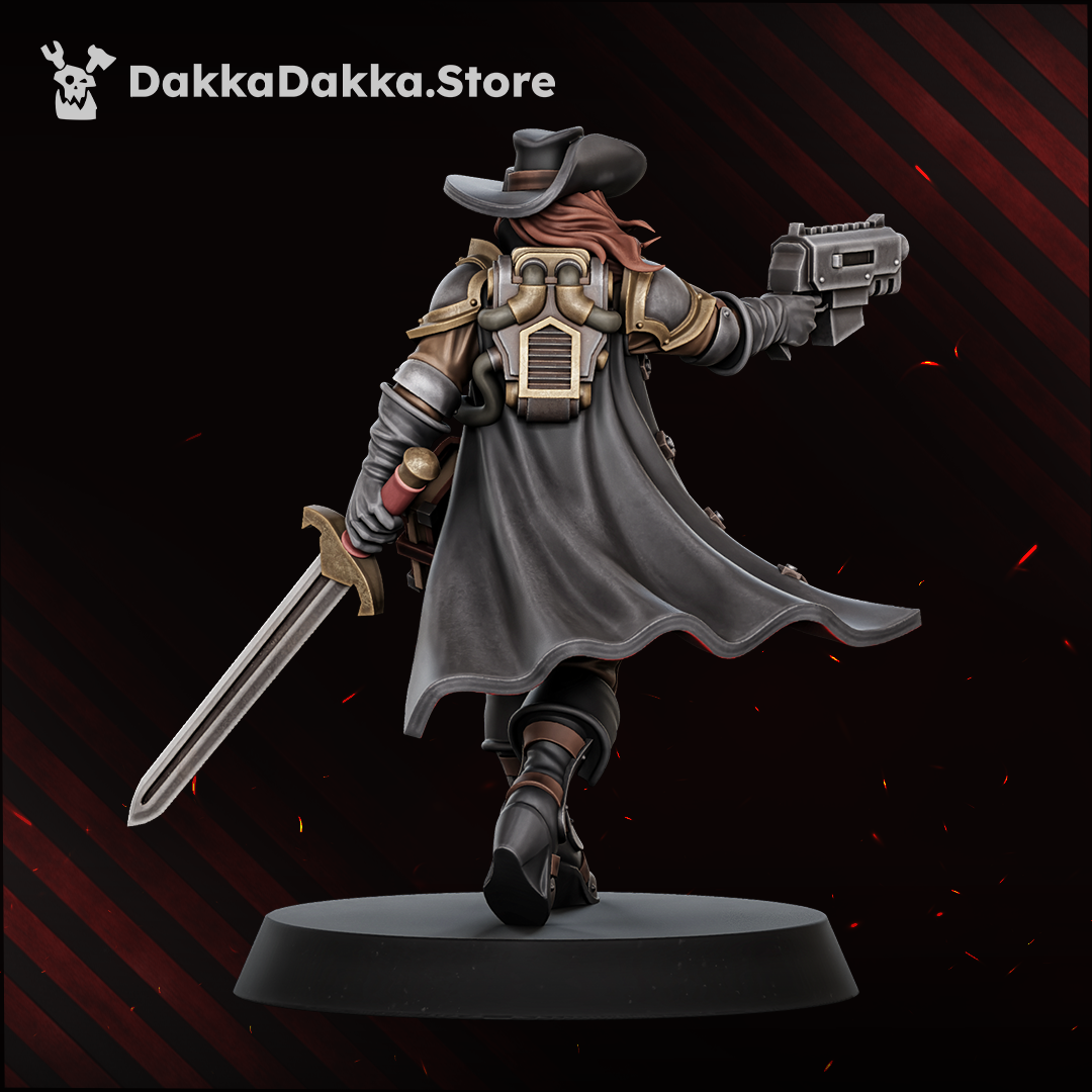 Agentess Kathryn de Cisneros rear view: backpack, coat and sword, Dakka Dakka Store render