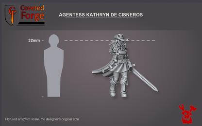 Coveted Forge scale reference: Agentess Kathryn de Cisneros beside a 32mm human silhouette