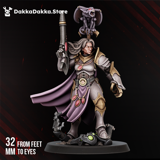 Agentess Vritra Draco, female armoured inquisitorial agent with a raised power sword and winged familiar, sci-fi resin miniature, Dakka Dakka Store render