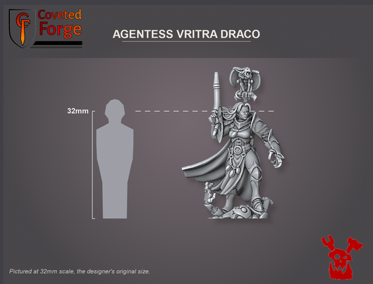 Coveted Forge scale reference: Agentess Vritra Draco beside a 32mm human silhouette
