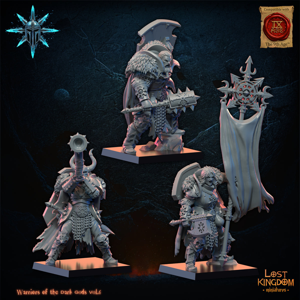 Dark Warriors captain, standard bearer and musician, front view, Lost Kingdom Miniatures render
