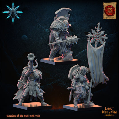 Dark Warriors captain, standard bearer and musician, front view, Lost Kingdom Miniatures render