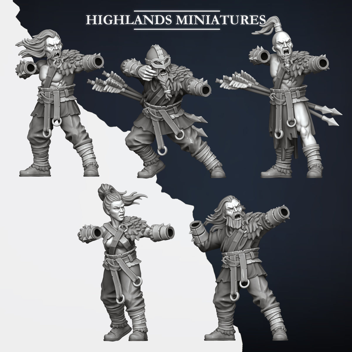 Norse Bowmen modular bodies sheet, the five bodies with open bow and hand sockets, Highlands Miniatures render
