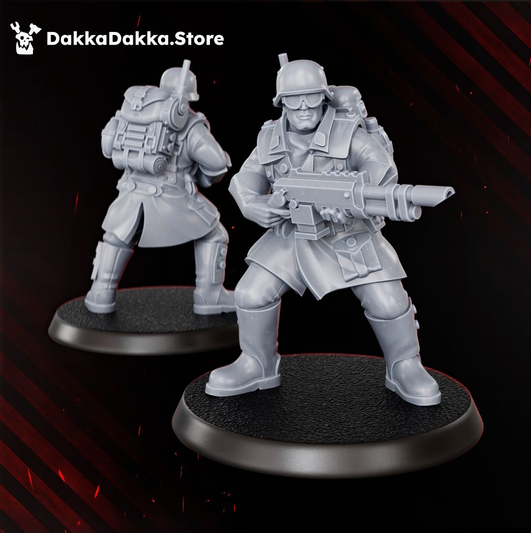 Doomsday las rifle trooper in stahlhelm and goggles, front and rear view, 32mm resin miniature