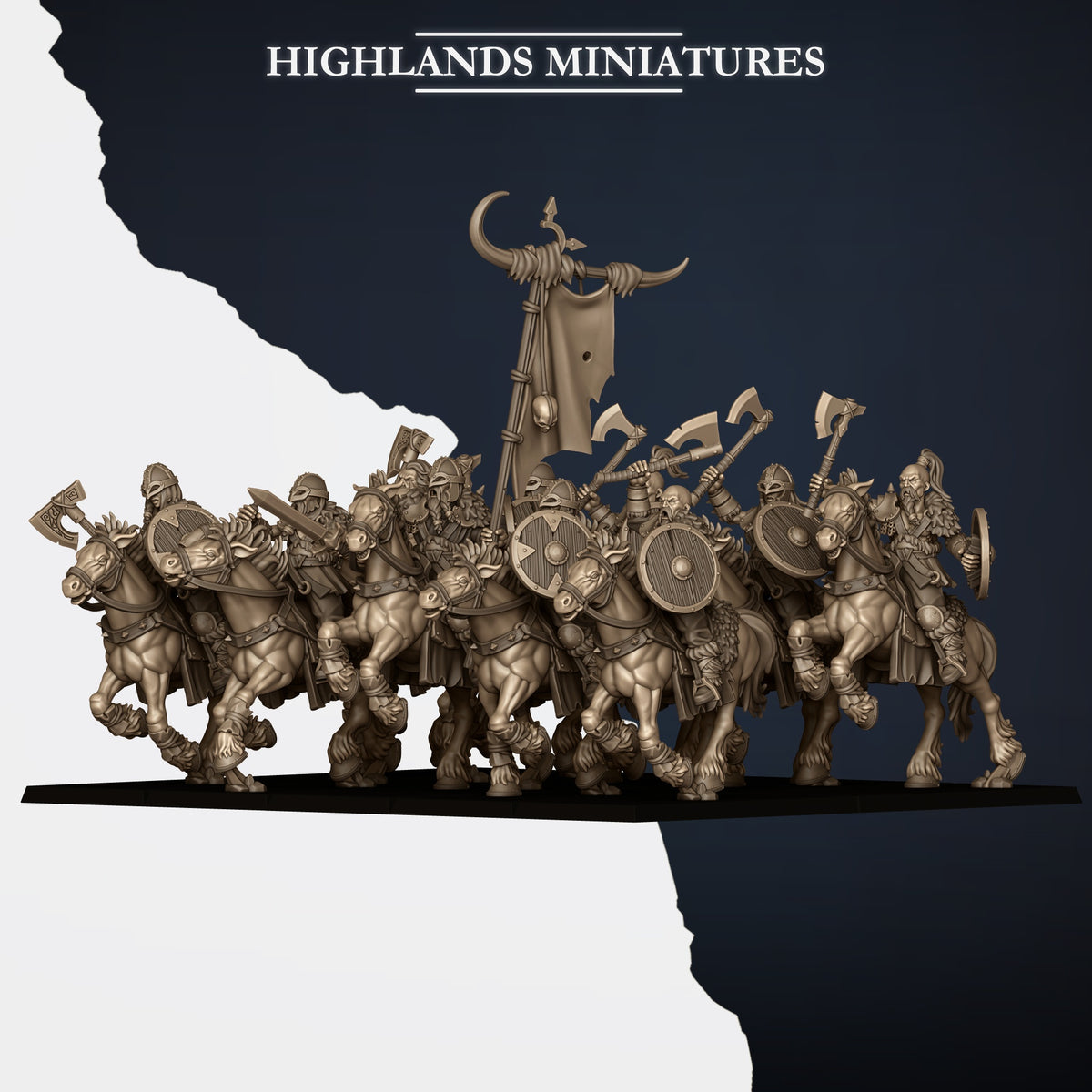 Mounted Norse Raiders unit with command, rear three-quarter view, Highlands Miniatures render