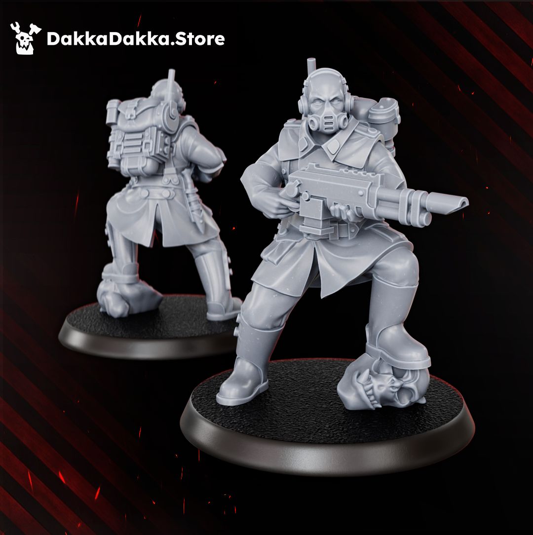 Doomsday las rifle trooper with respirator, advancing over a skull, 32mm resin miniature