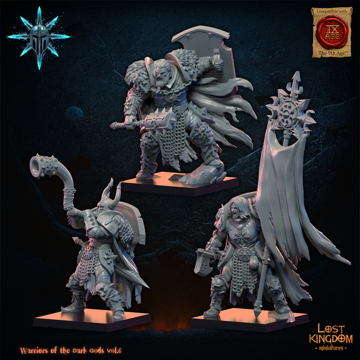 Dark Warriors command, three-quarter view from the left, Lost Kingdom Miniatures render