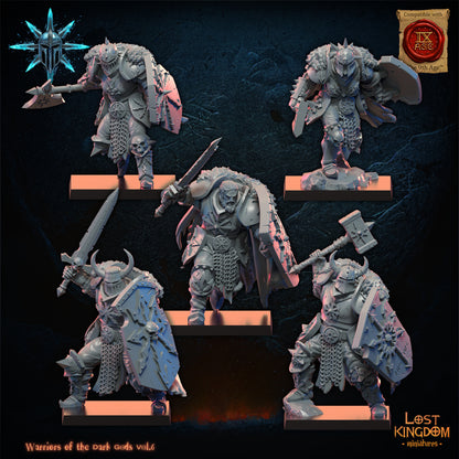 Dark Warriors, five armoured warriors of the Dark Gods with hand weapons and shields, front view, resin miniatures by Lost Kingdom Miniatures