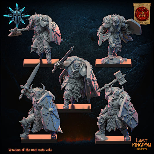Dark Warriors, five armoured warriors of the Dark Gods with hand weapons and shields, front view, resin miniatures by Lost Kingdom Miniatures
