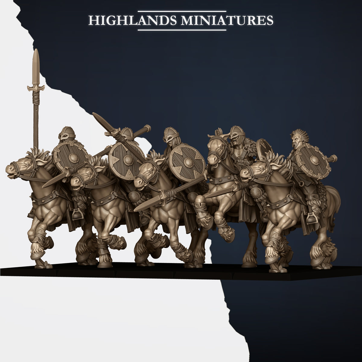 Mounted Norse Raiders with spears, rear three-quarter view, Highlands Miniatures render