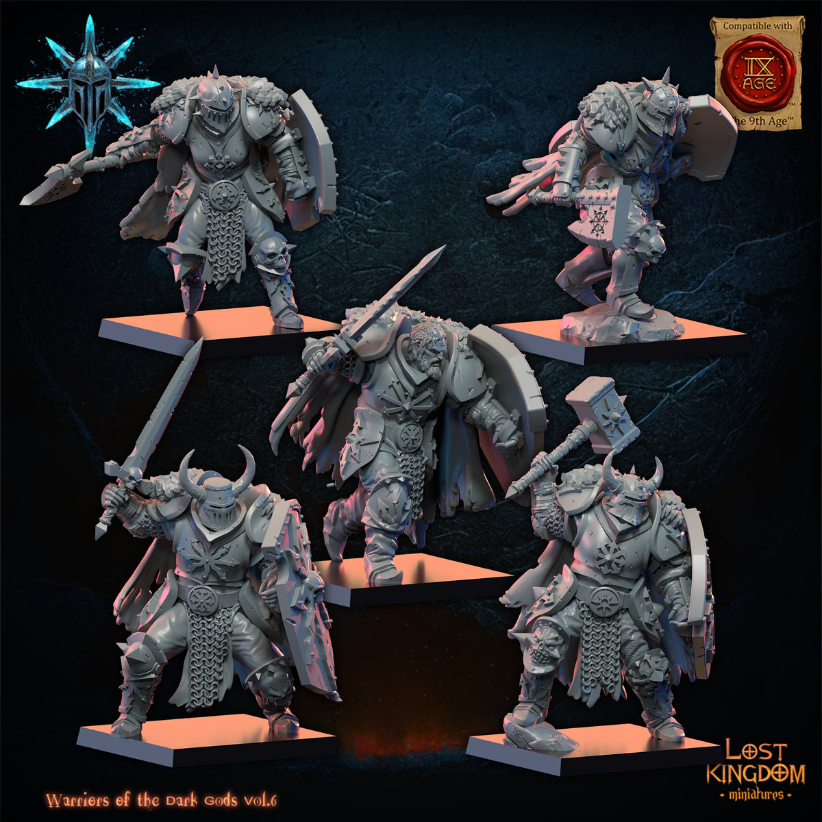 Dark Warriors, first five, three-quarter view from the right, Lost Kingdom Miniatures render