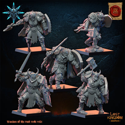 Dark Warriors, first five, three-quarter view from the right, Lost Kingdom Miniatures render